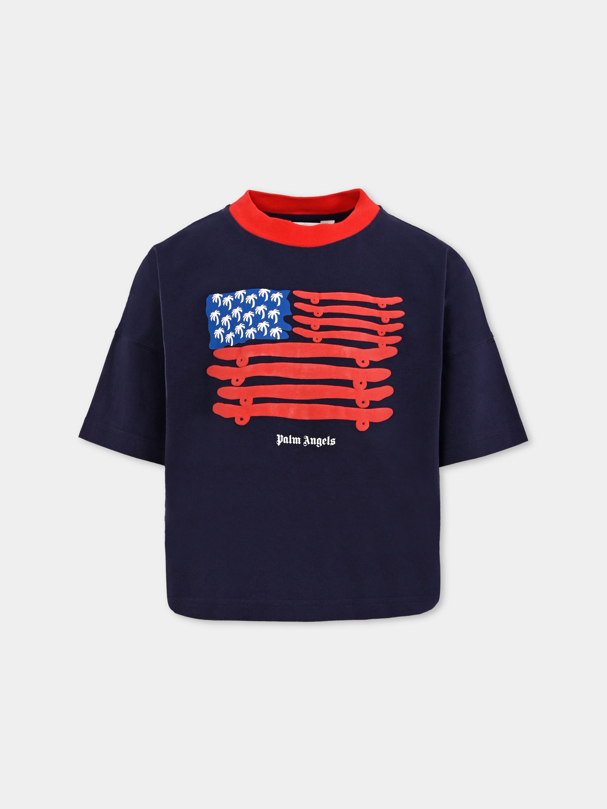 T-shirt blu per bambino con bandiera americana,Palm Angels,PBAA002F25JER0034625