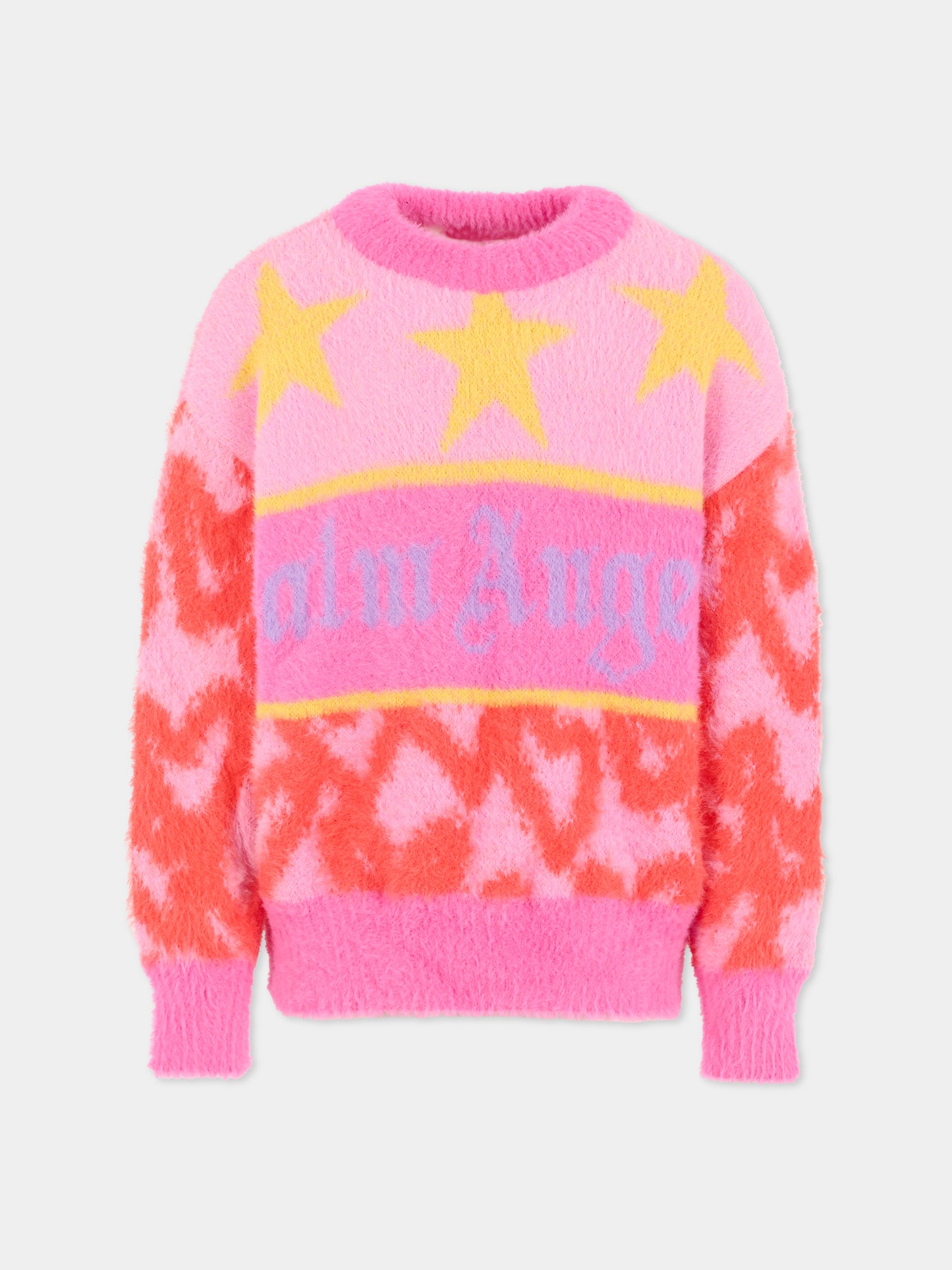 Maglione rosa per bambina con stelle e logo,Palm Angels,PGHE002F25KNI0033B36