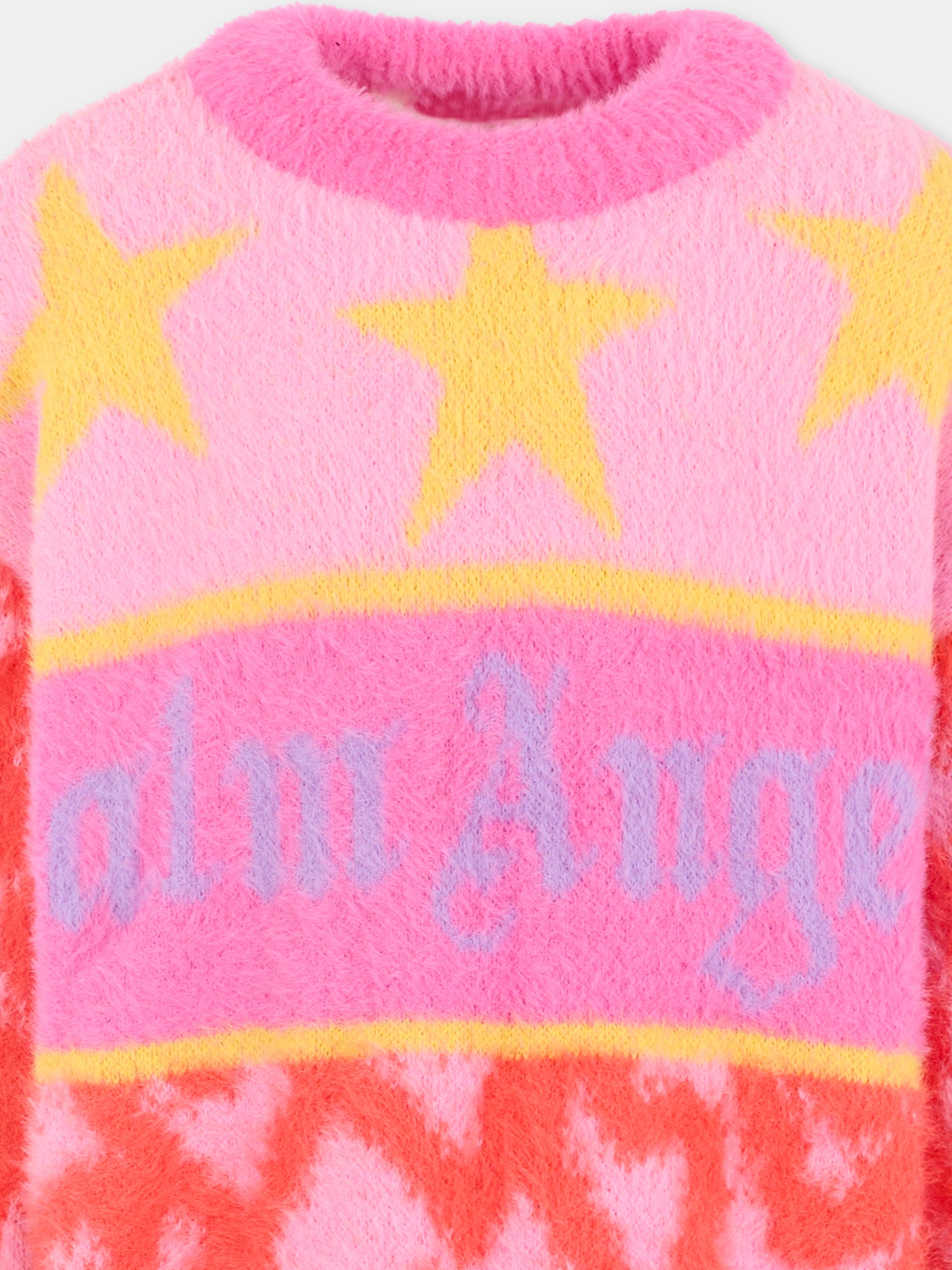 Maglione rosa per bambina con stelle e logo,Palm Angels,PGHE002F25KNI0033B36