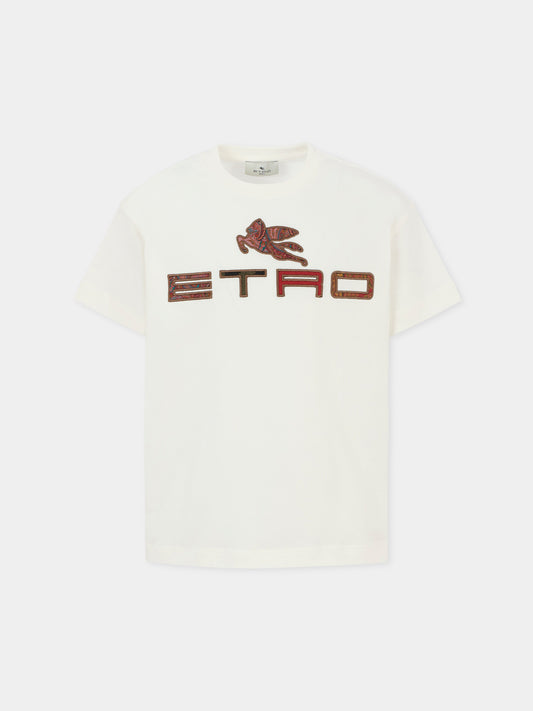 T-shirt avorio per bambini con logo e Pegaso,Etro,GX8P21 Z2904 101