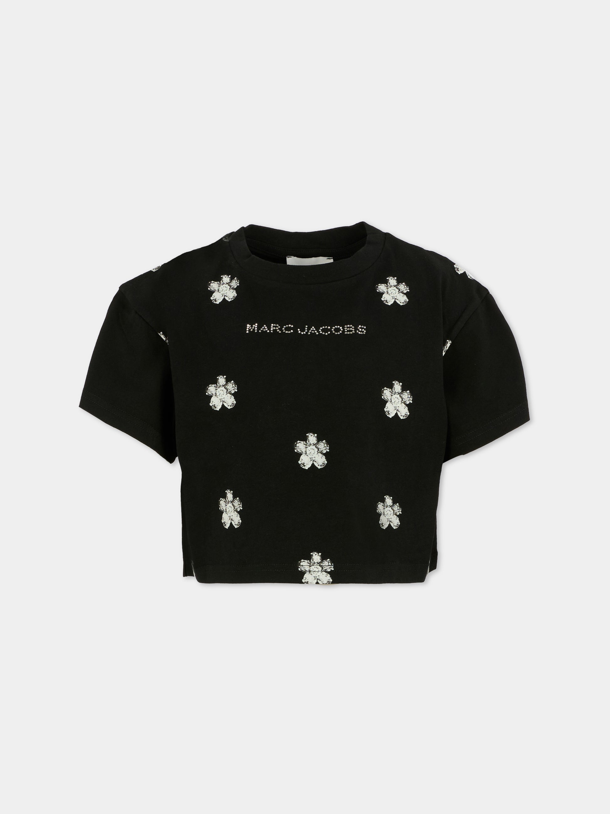 T-shirt crop nera per bambina con fiori all over,Marc Jacobs,W60582 09B