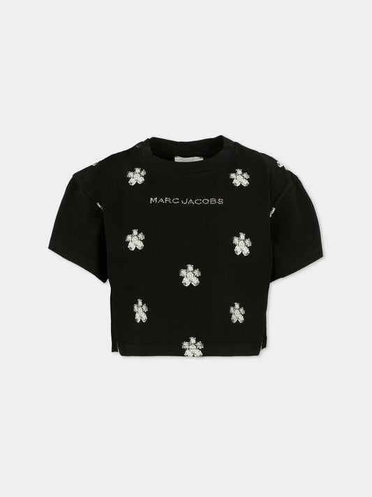 T-shirt crop nera per bambina con fiori all over,Marc Jacobs,W60582 09B