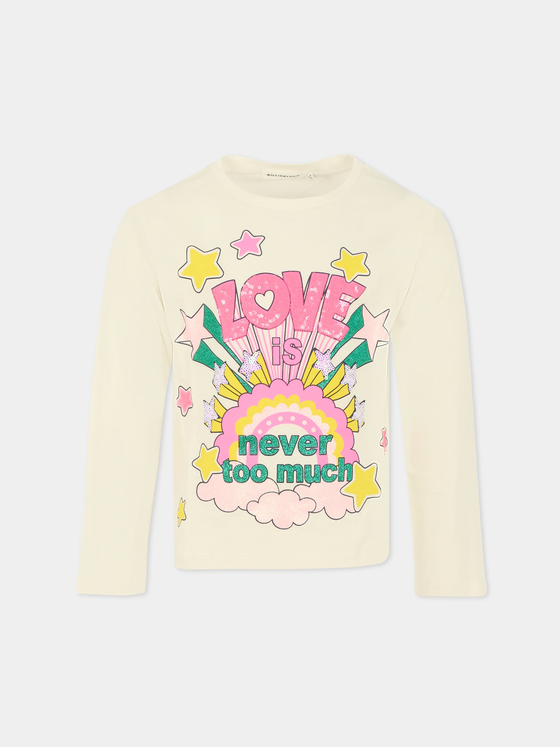 T-shirt avorio per bambina con scritta e stelle,Billieblush,U21608 121