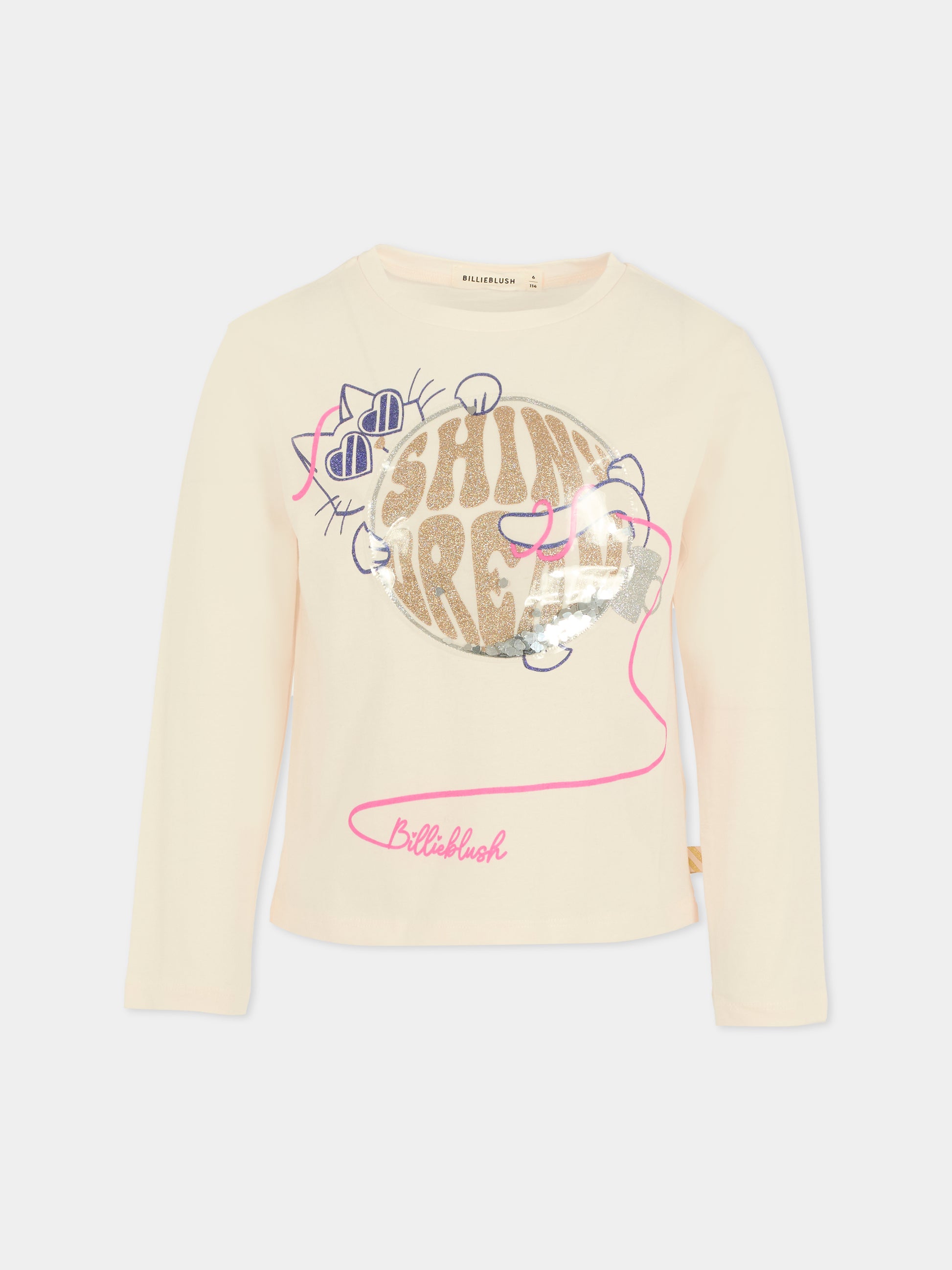 T-shirt avorio per bambina con gatto,Billieblush,U21405 121