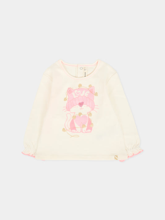 T-shirt avorio per neonata con gatto,Billieblush,U21462 121
