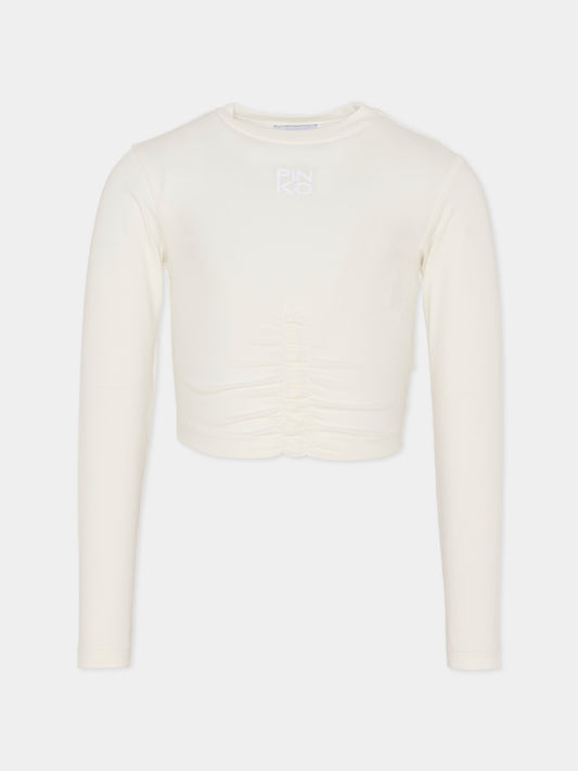 T-shirt crop bianca per bambina con logo,Pinko,KFTS023.C.JE013.0065