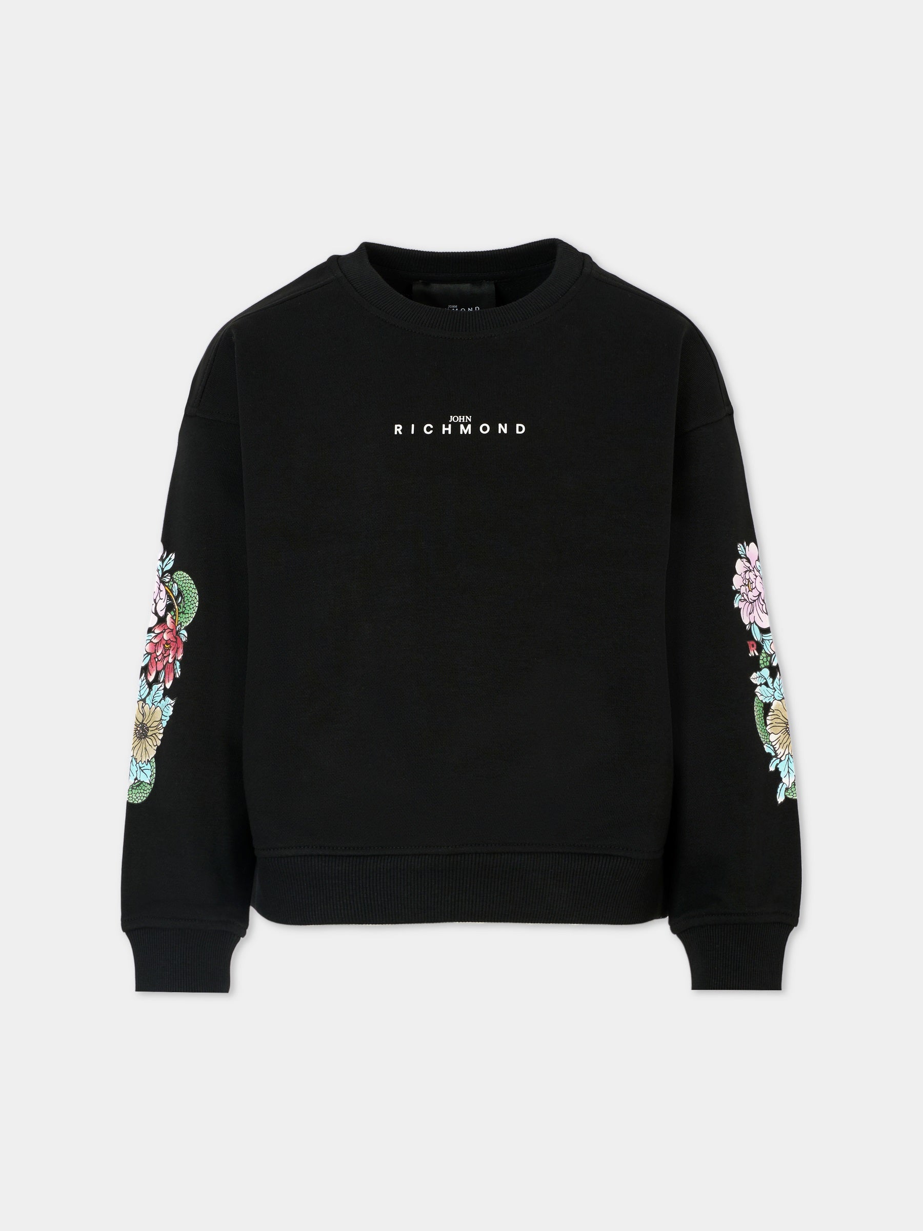 Felpa nera per bambina con logo e fiori,Richmond,RGA25089FE BLACK