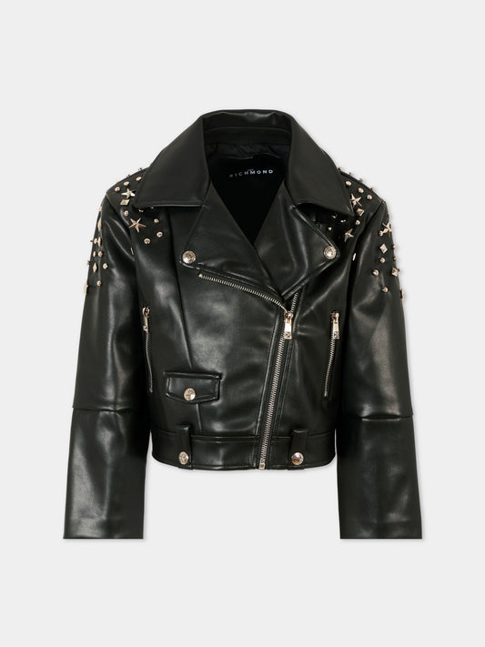 Giubbotto in ecopelle nero per bambina con borchie,Richmond,RGA25202GB BLACK