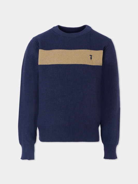 Maglione blu per bambino con logo ricamato,Trussardi Junior,TBA25019MA PEACOAT