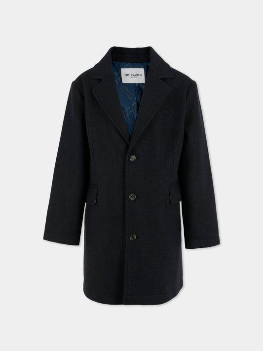 Cappotto blu per bambino con logo ricamato,Trussardi Junior,TBA25123CP PEACOAT