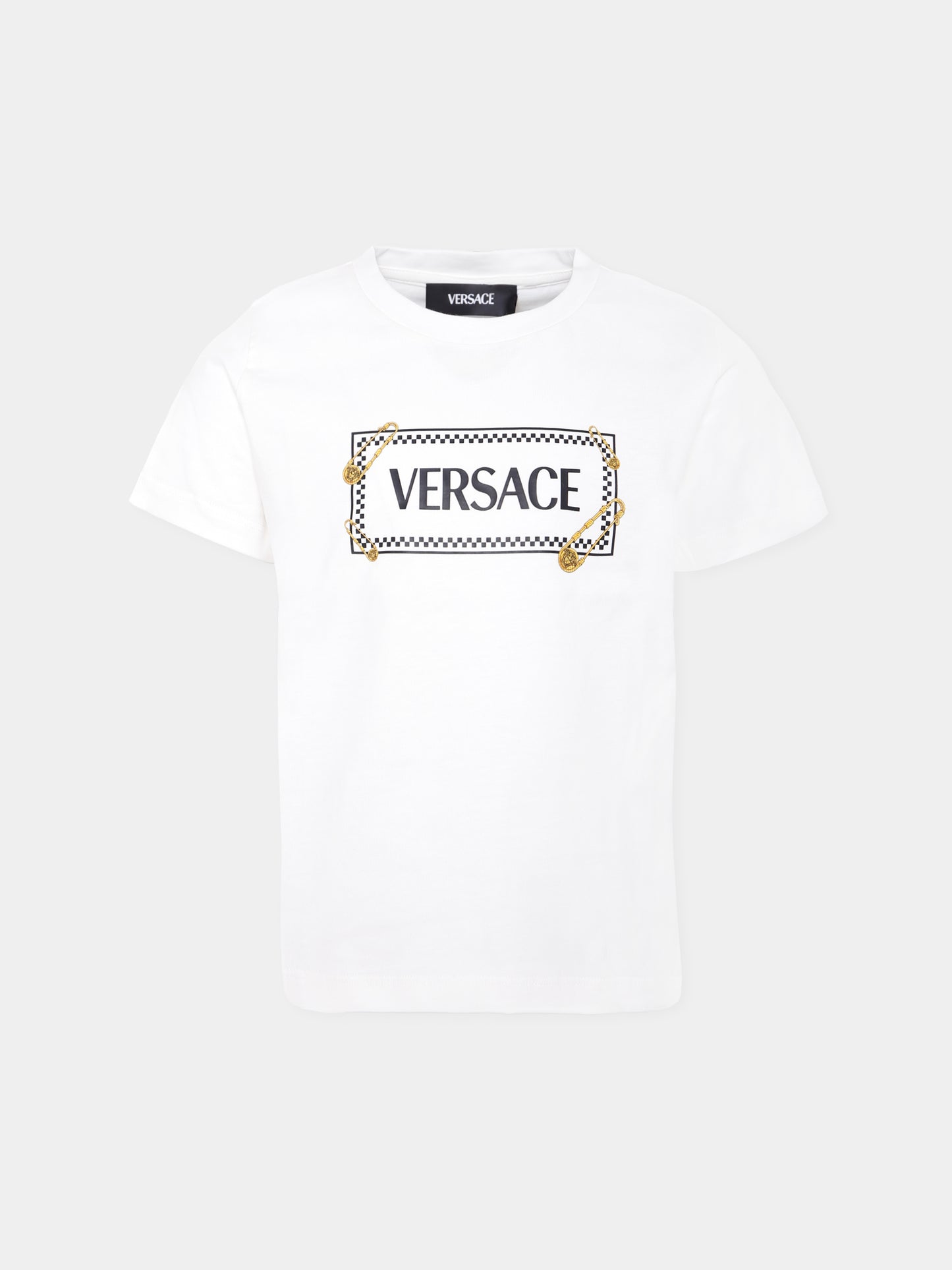 T-shirt bianca per bambini con '90 Vintage Logo e spille,Versace,1018570 1A14910 2W100
