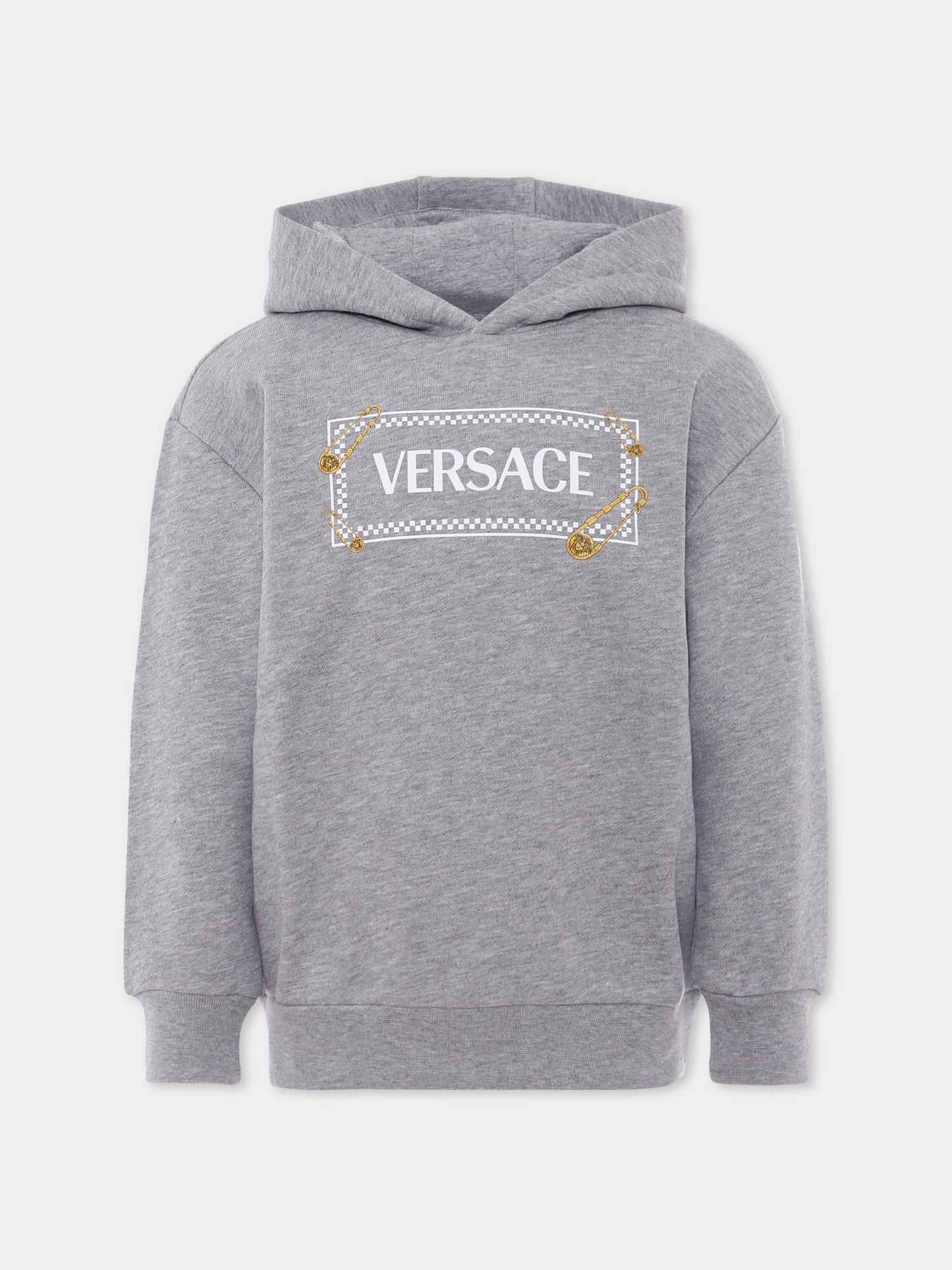 Felpa grigia con cappuccio e '90 vintage logo con spille per bambini,Versace,1018574 1A15324 2ES70