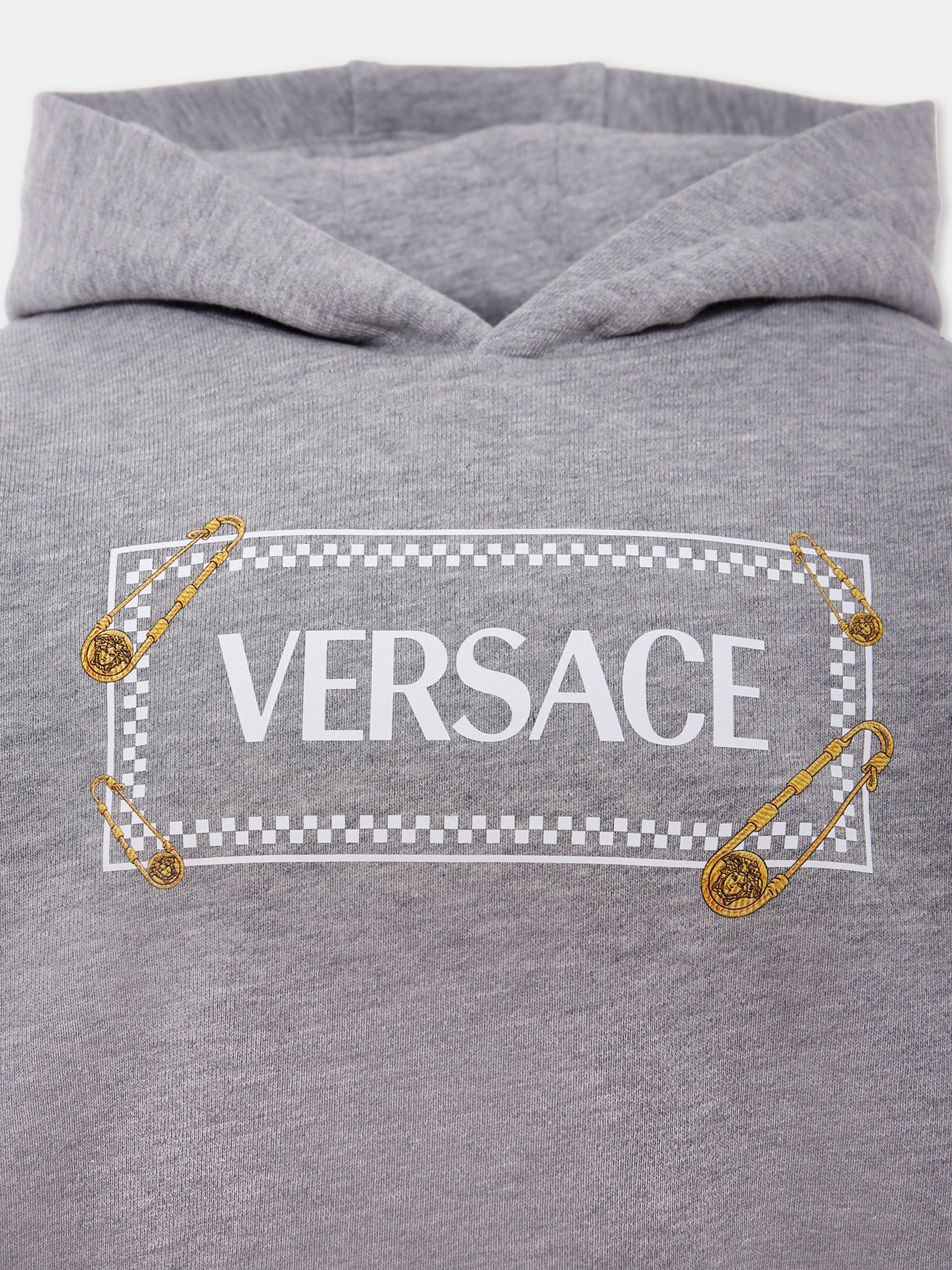 Felpa grigia con cappuccio e '90 vintage logo con spille per bambini,Versace,1018574 1A15324 2ES70