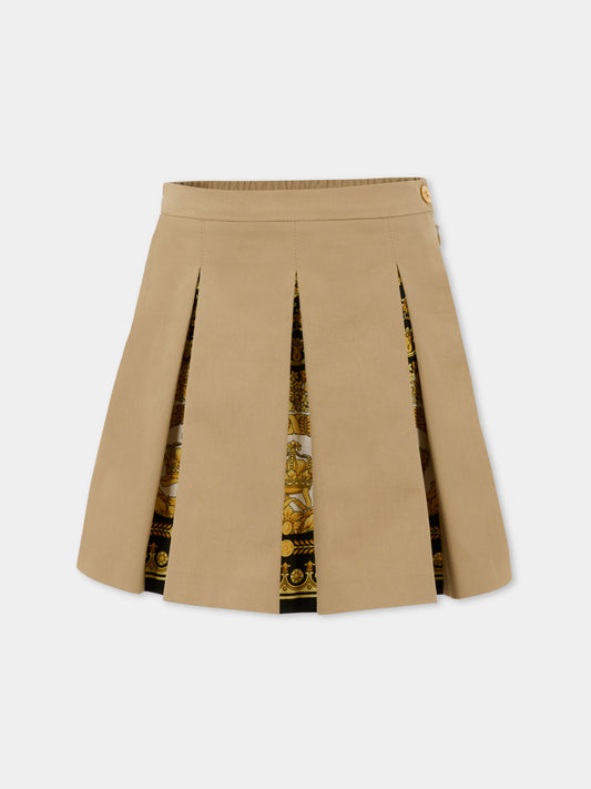 Gonna beige per bambina con stampa Barocco,Versace,1021040 1A14822 2KS40