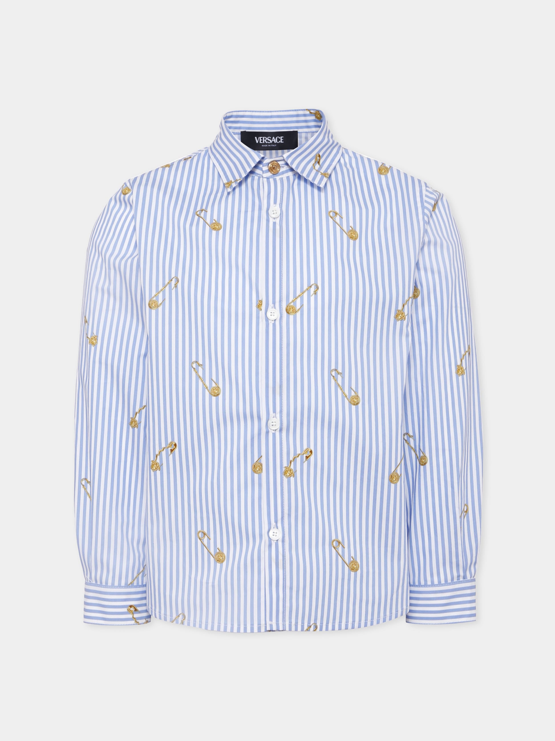 Camicia azzurra per bambino con spilla da balia,Versace,1018643 1A14827 5UE60