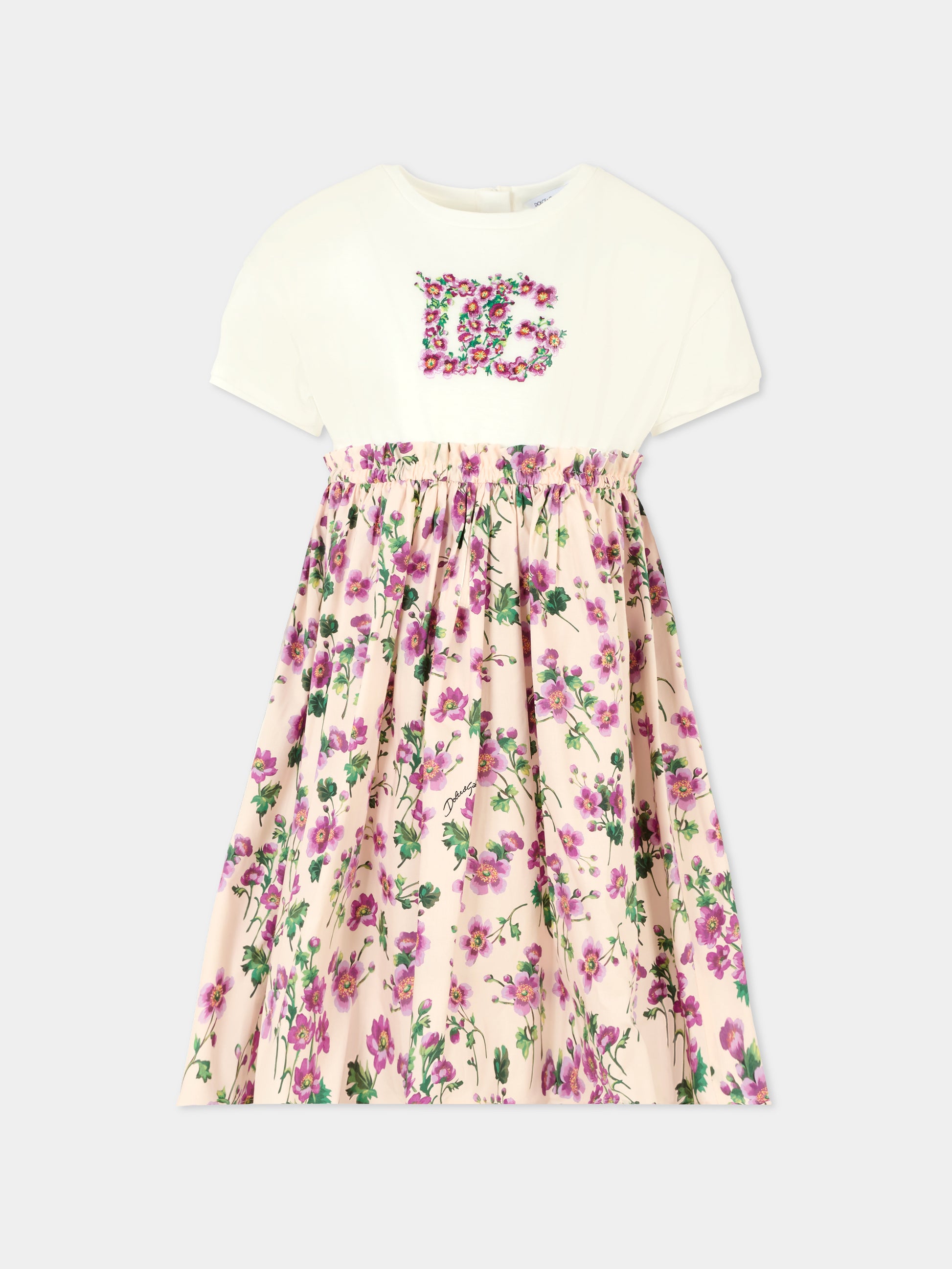 Vestito rosa per bambina con fiori e logo,Dolce & Gabbana Kids,L5JDAQ G7PHW S9000