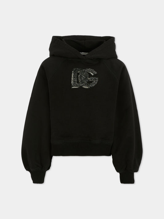 Felpa crop nera per bambina con logo DG,Dolce & Gabbana Kids,L5JWCB G7PHM N0000