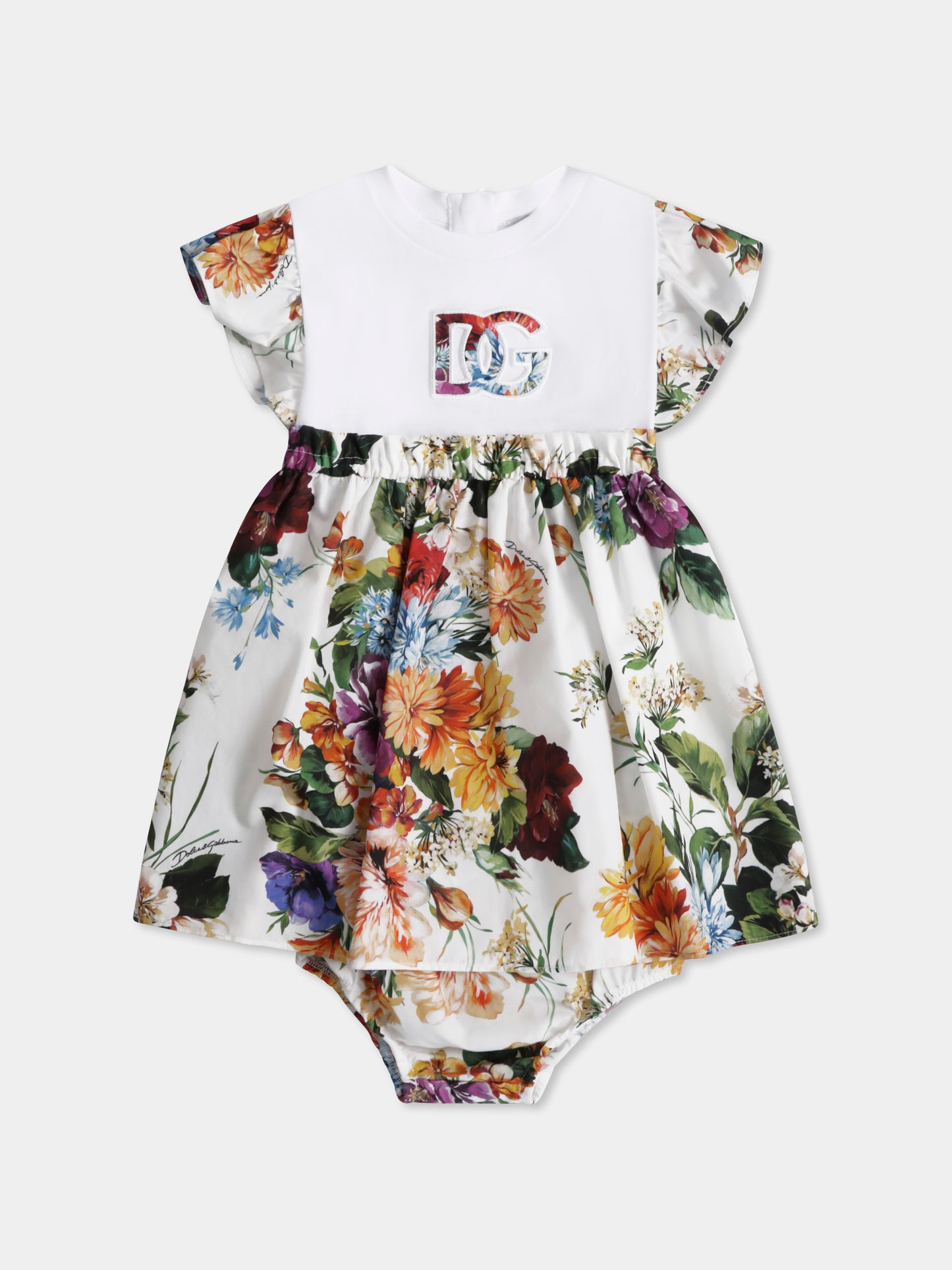 Vestito avorio per neonata con logo DG e stampa floreale,Dolce & Gabbana Kids,L2JD9P G7PFD S9000
