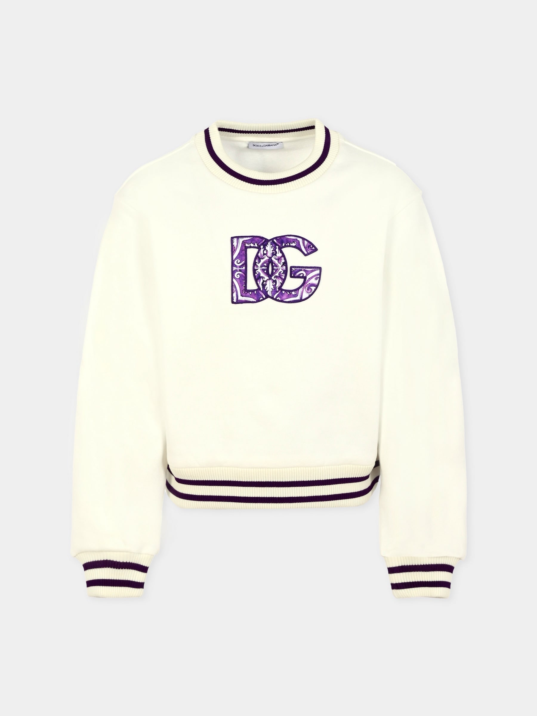 Felpa crop bianca per bambina con stampa maioliche e ricamo DG,Dolce & Gabbana Kids,L5JWBZ G7PED W0111