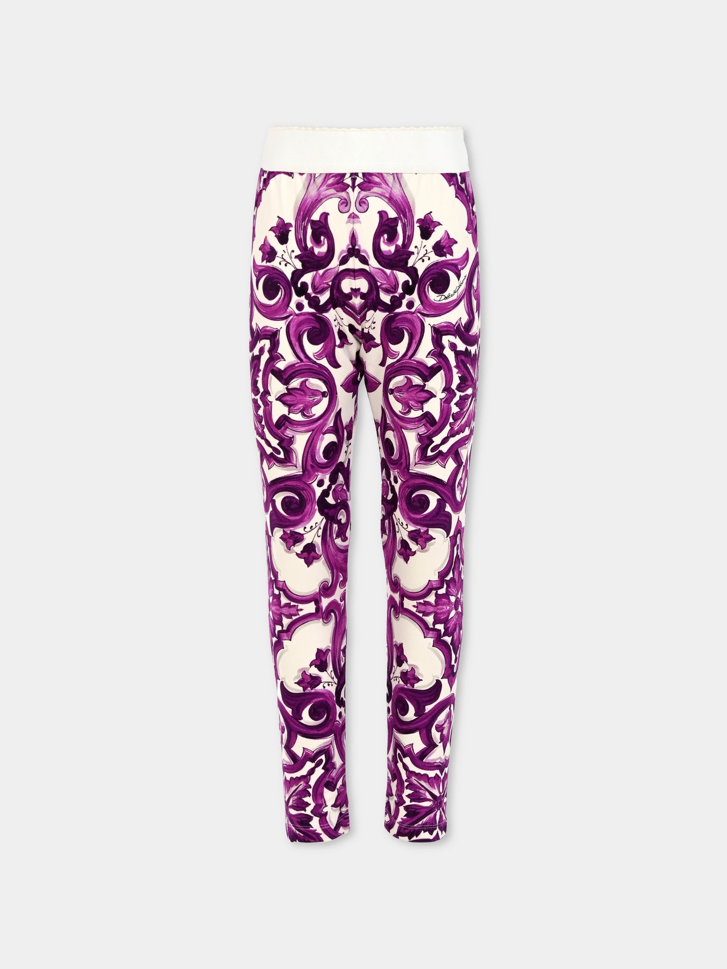 Leggings viola per bambina con stampa maioliche,Dolce & Gabbana Kids,L5JP5B HPGF4 IP3TN