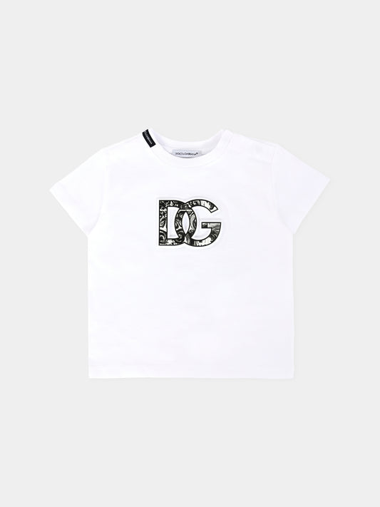 T-shirt bianca pr neonato con stampa maioliche e logo DG,Dolce & Gabbana Kids,L1JTEY G7NVC W0800