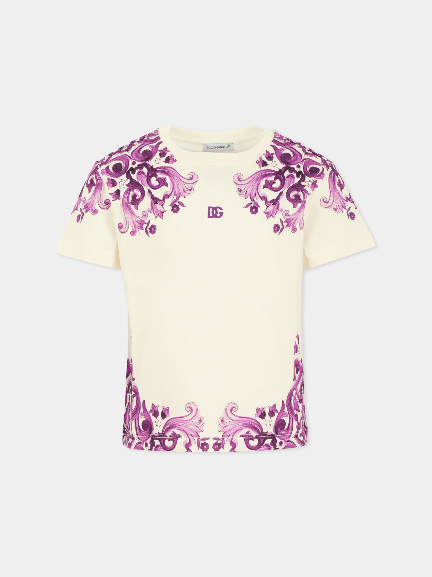 T-shirt bianca per bambina con logo DG e stampa maiolica viola,Dolce & Gabbana Kids,L5JTNK II7H3 I23TN