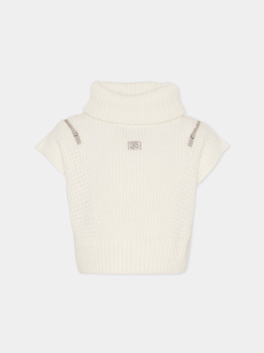 Maglia gilet crop avorio per bambina con logo,Dkny,D62382 117