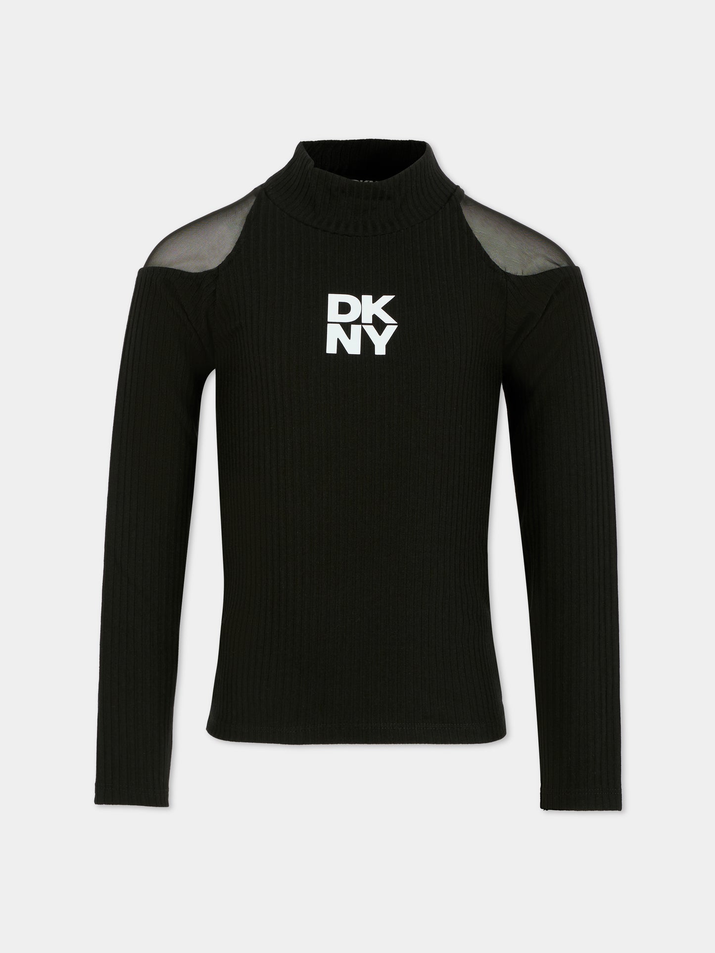 T-shirt nera per bambina con logo bianco,Dkny,D62410 09B