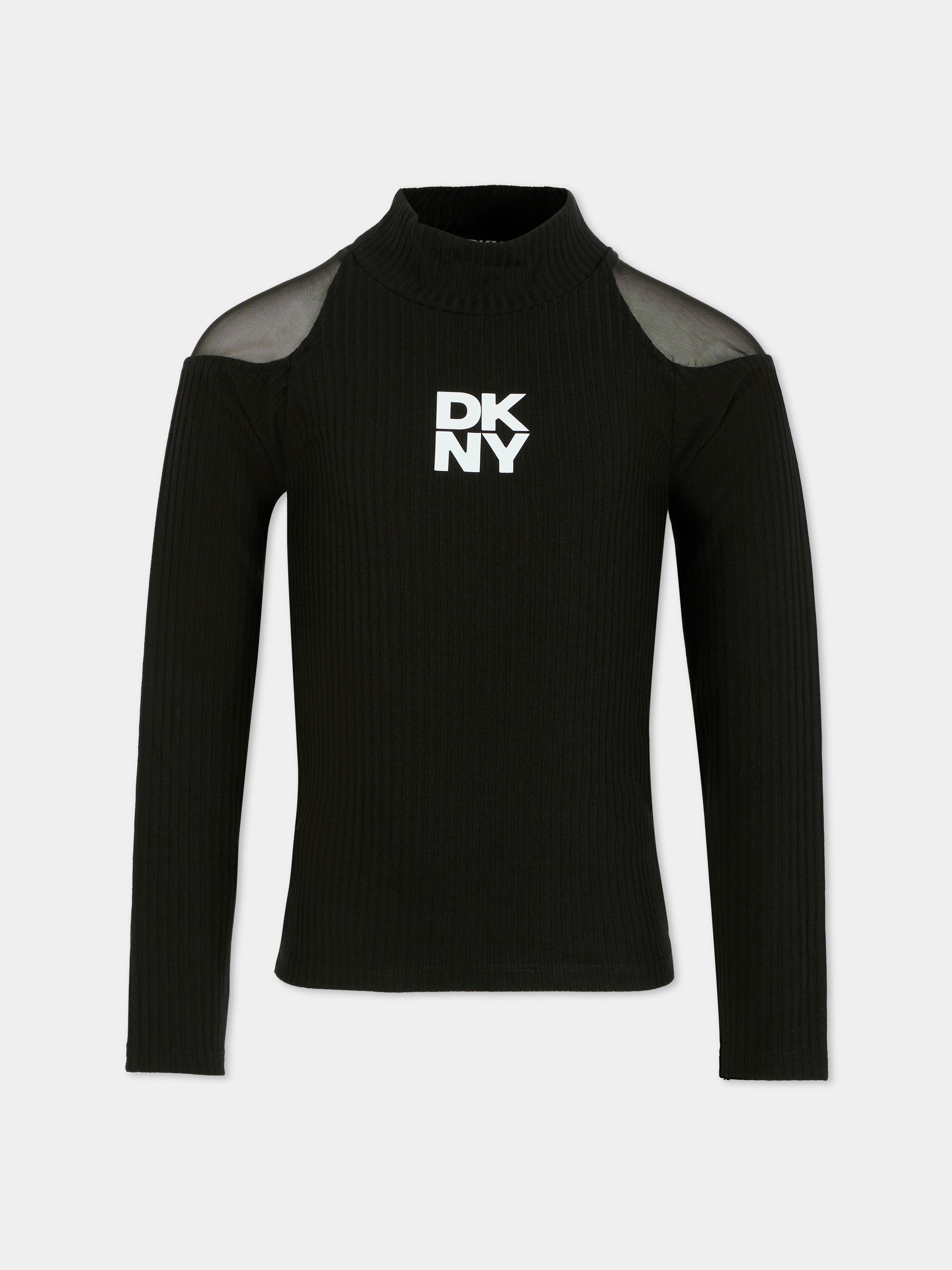 T-shirt nera per bambina con logo bianco,Dkny,D62410 09B