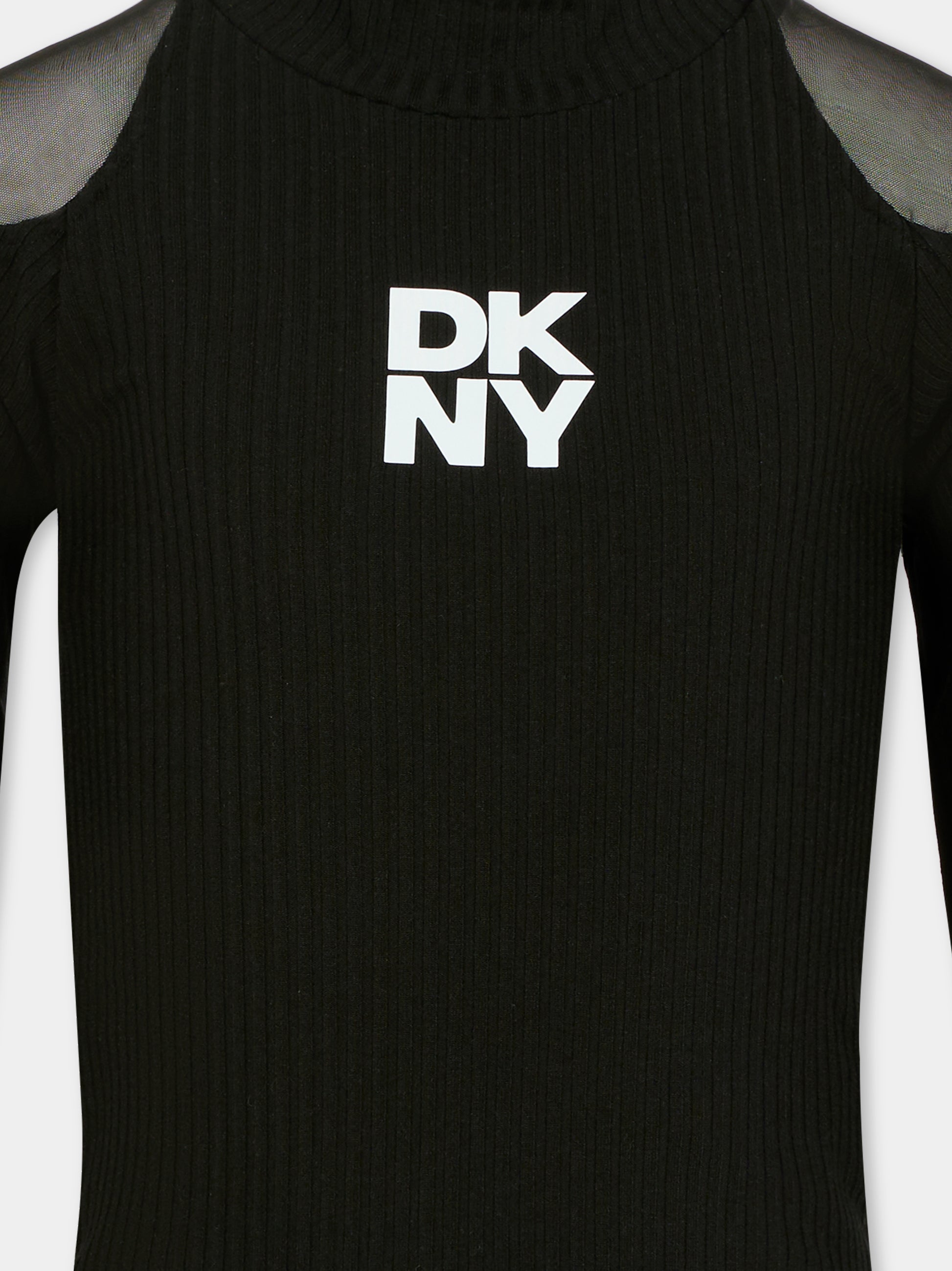 T-shirt nera per bambina con logo bianco,Dkny,D62410 09B