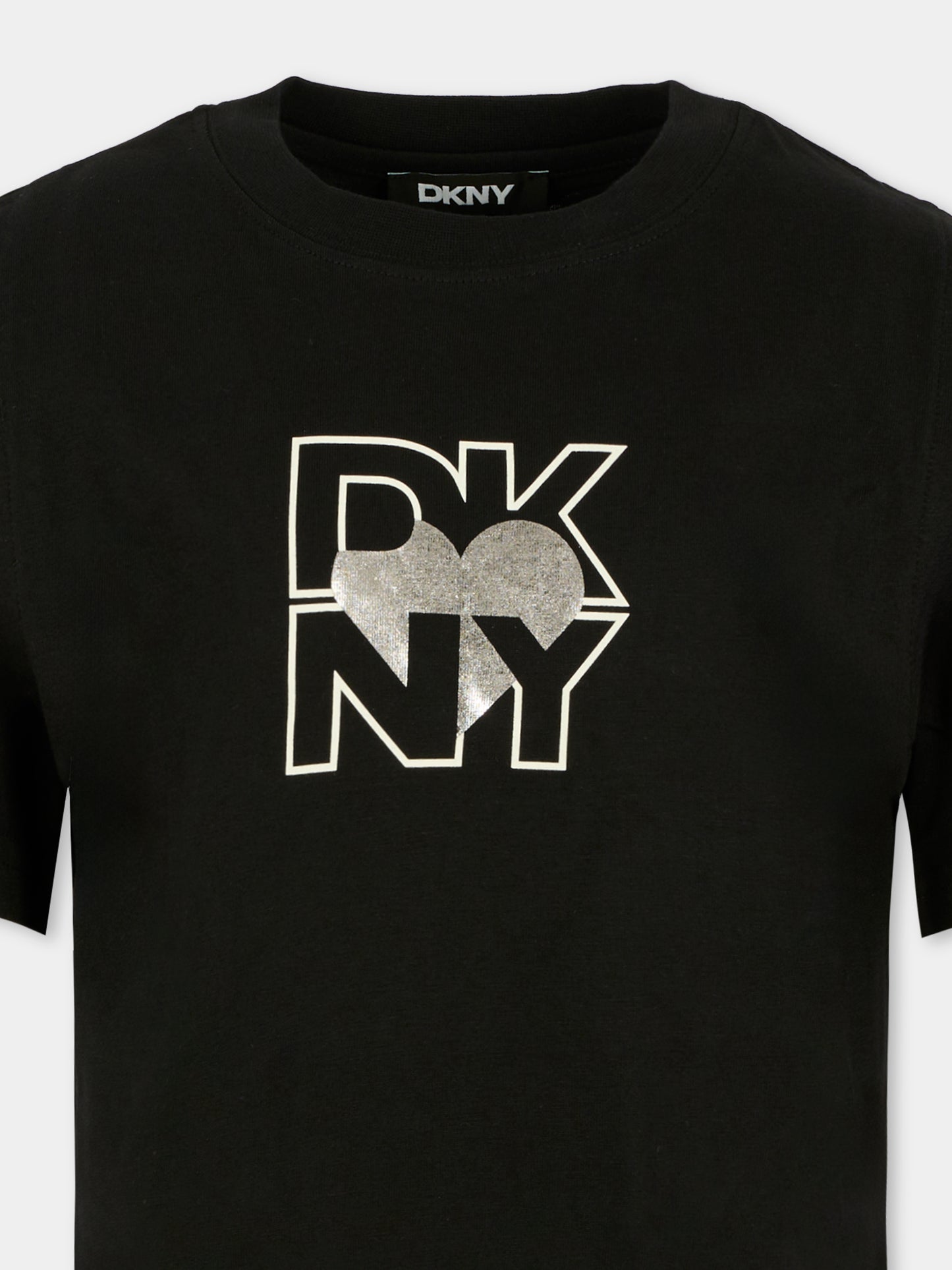 T-shirt nera per bambina con logo e cuore,Dkny,D62417 09B