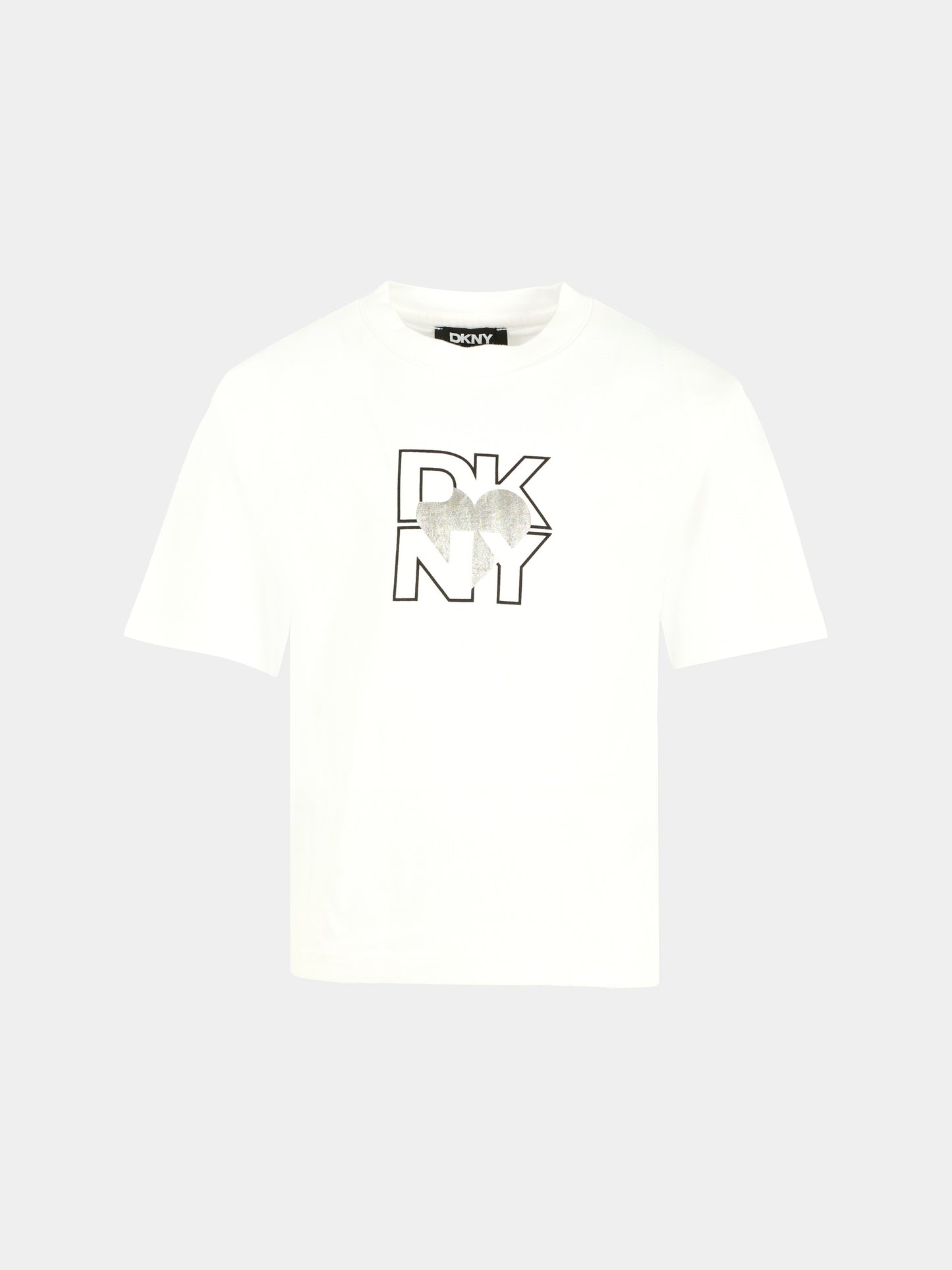 T-shirt bianca per bambina con logo e cuore,Dkny,D62417 10B