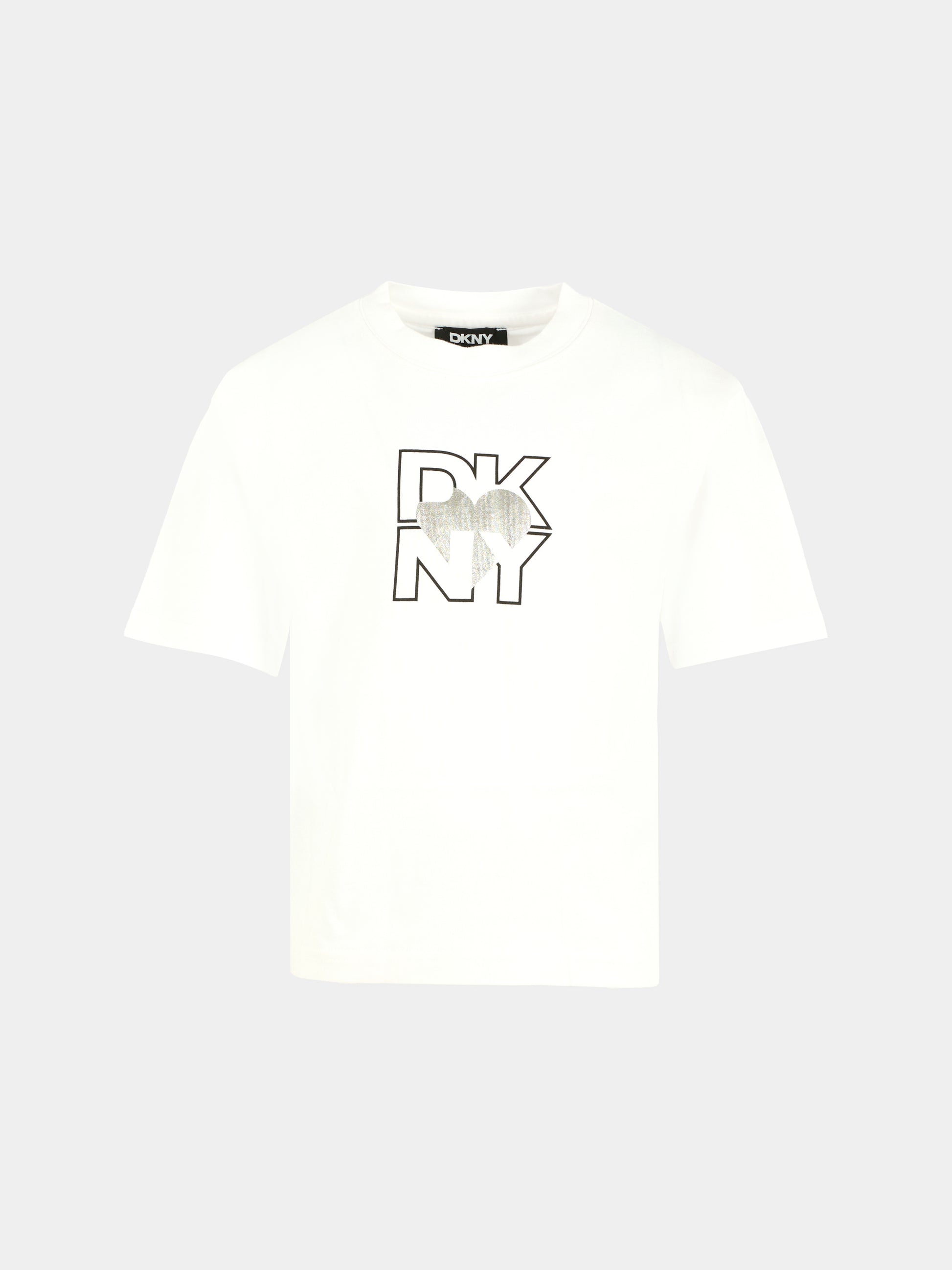 T-shirt bianca per bambina con logo e cuore,Dkny,D62417 10B