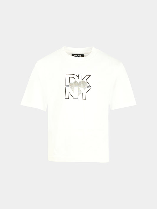 T-shirt bianca per bambina con logo e cuore,Dkny,D62417 10B