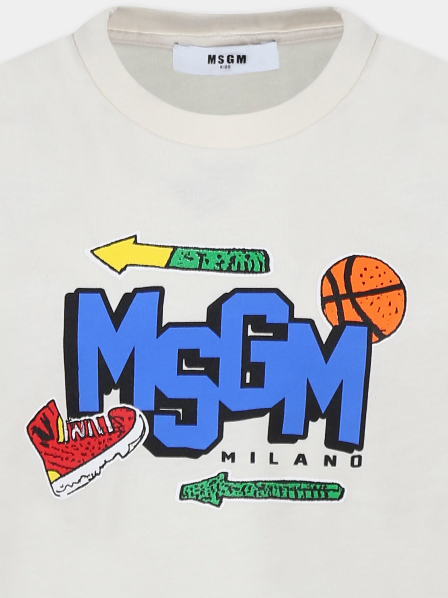 T-shirt avorio per bambino con logo e palla,Msgm Kids,F4MSJBTH246 013