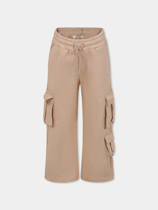 Pantaloni beige per bambina con logo,Msgm Kids,F4MSJGFP192 015