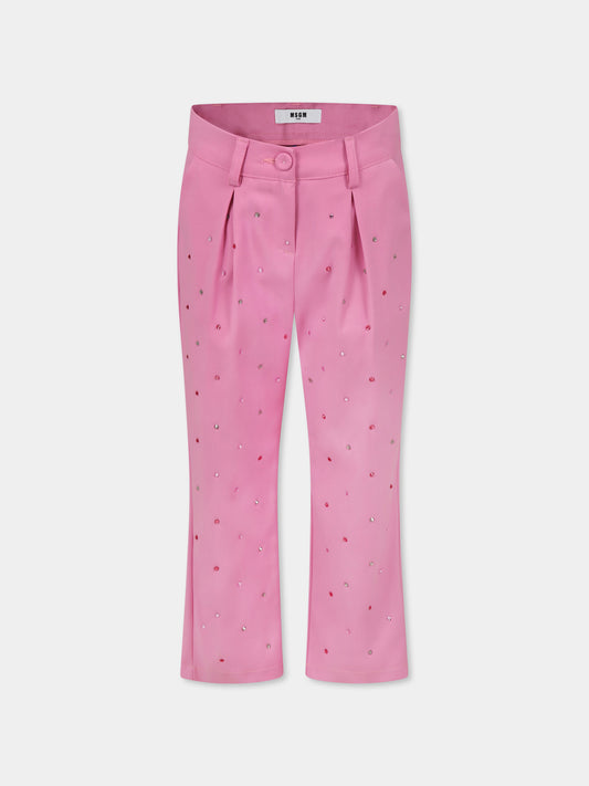 Pink trousers for girl with rhinestones and logo