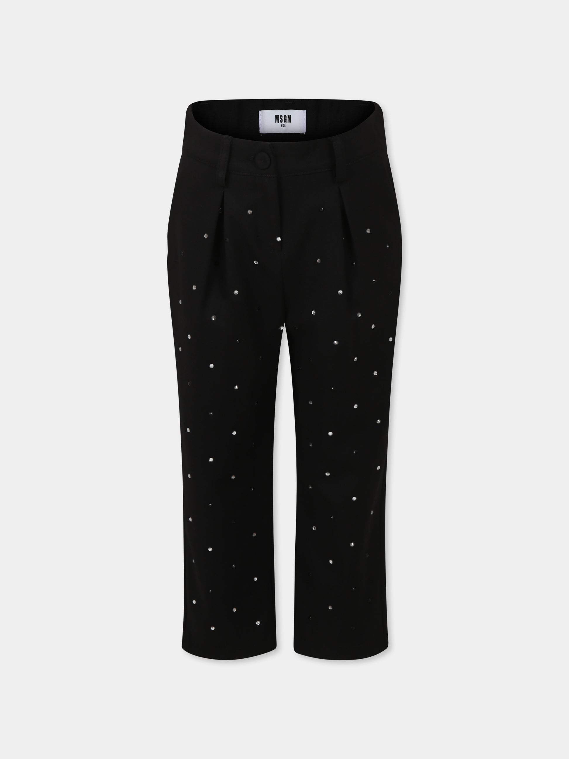 Pantaloni neri per bambina con strass e logo,Msgm Kids,F4MSJGPA187 110