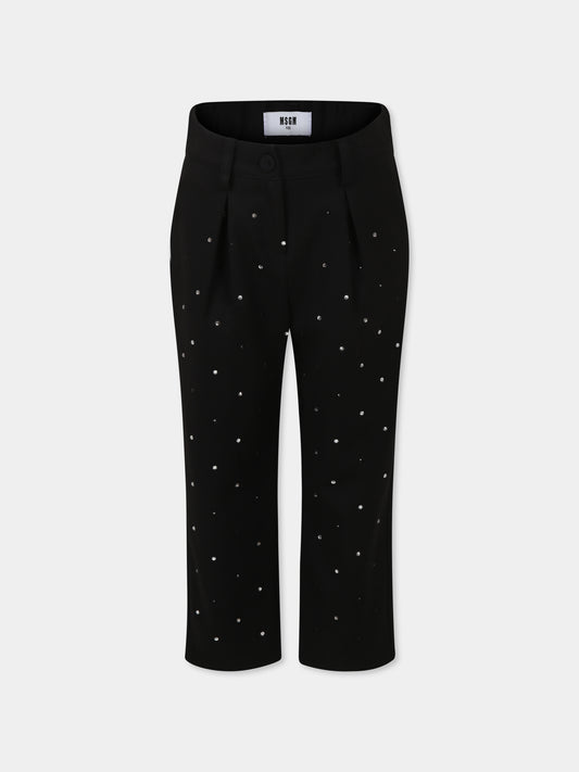 Pantaloni neri per bambina con strass e logo,Msgm Kids,F4MSJGPA187 110