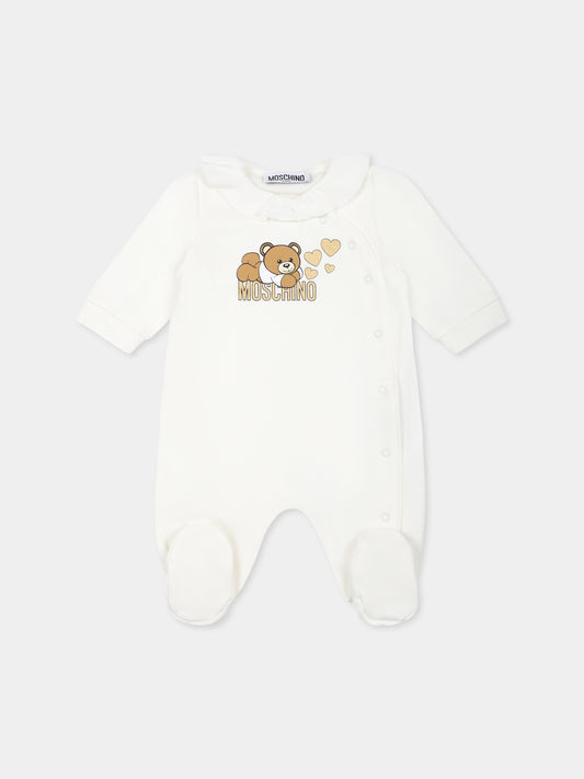 Tutina bianca per neonata con Teddy Bear e cuori,Moschino Kids,MDT018 LCA80 10063
