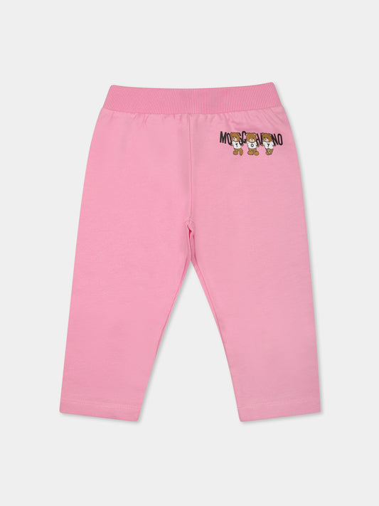 Pantaloni rosa per neonata con tre Teddy Bears,Moschino Kids,MUP057 LCA40 50243