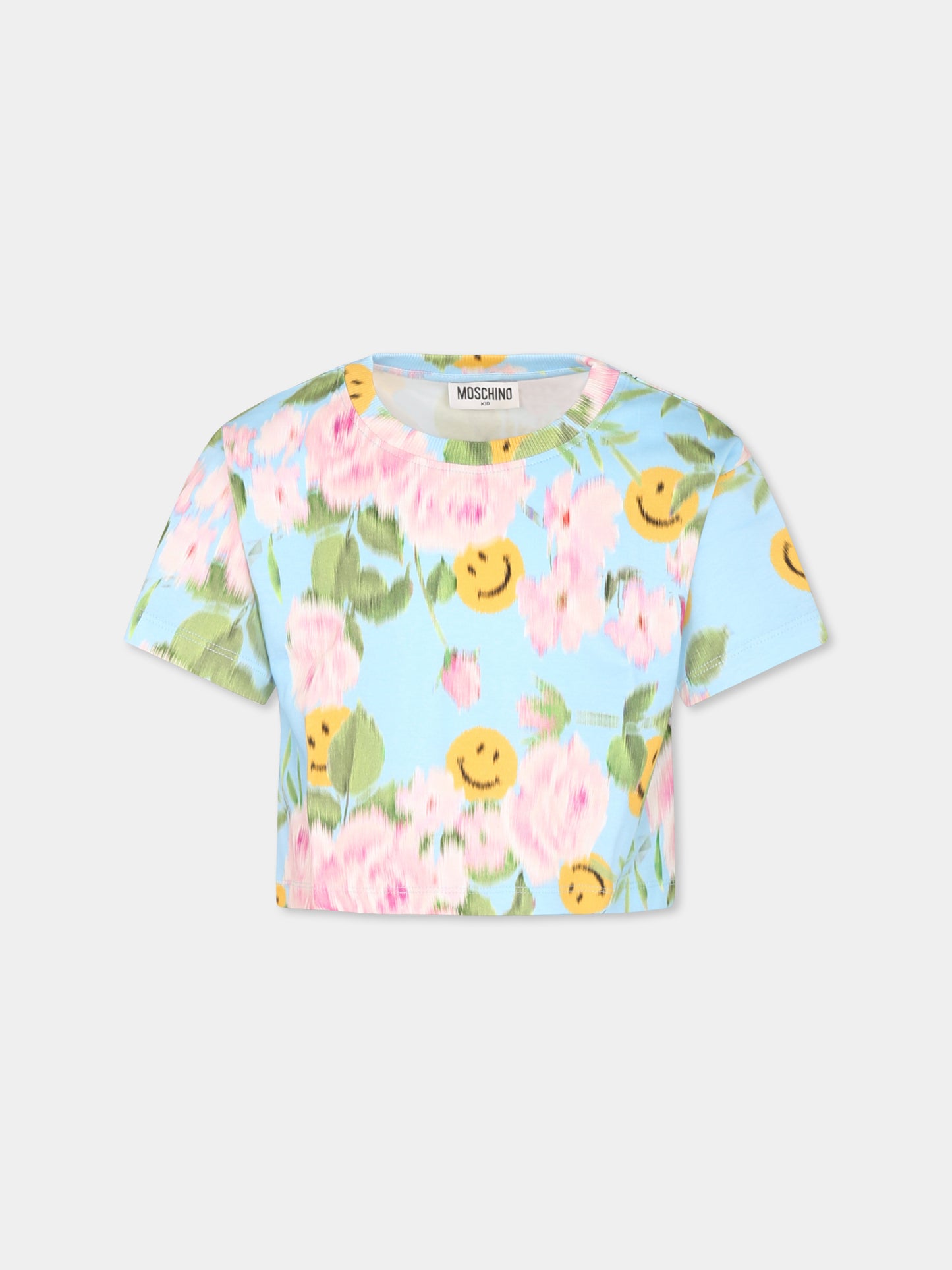 T-shirt crop azzurra per bambina con stampa floreale e smile,Moschino Kids,HDM06S LABA9 84436