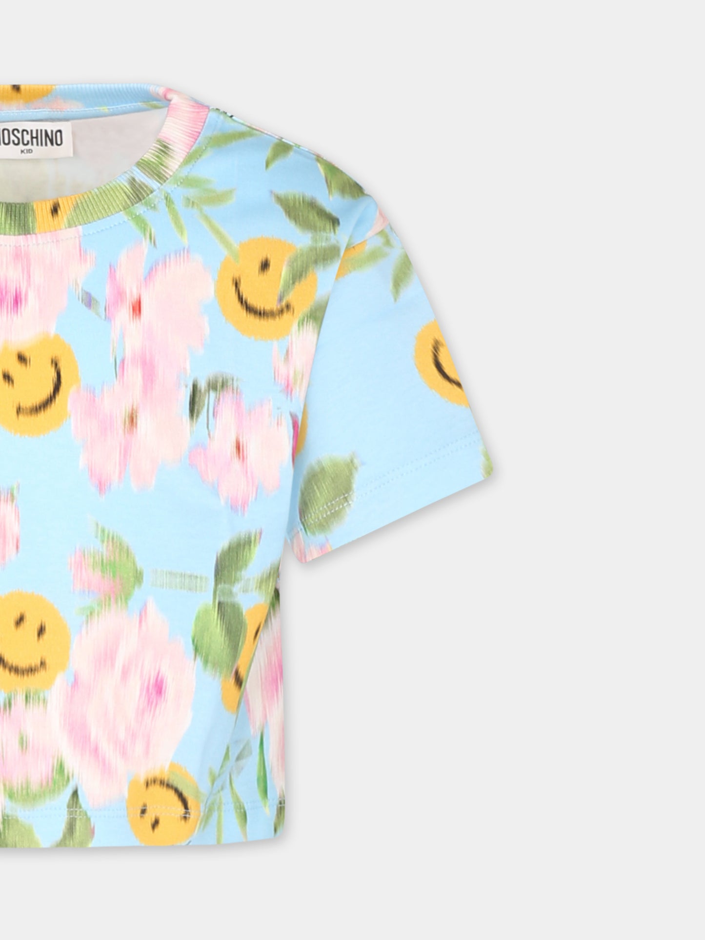 T-shirt crop azzurra per bambina con stampa floreale e smile,Moschino Kids,HDM06S LABA9 84436