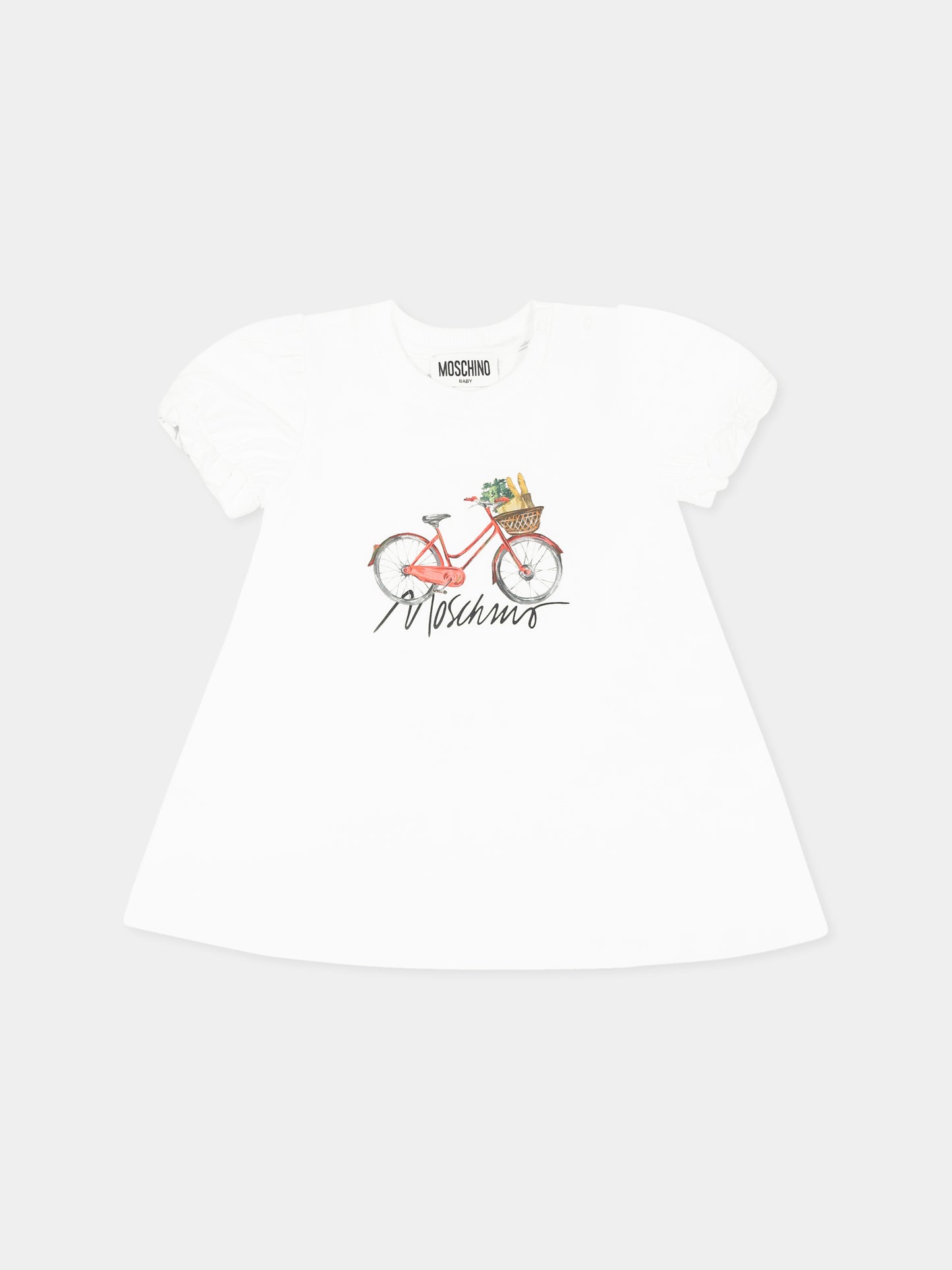 Vestito bianco per neonata con stampa bicicletta,Moschino Kids,MDV0CN LDA13 10101