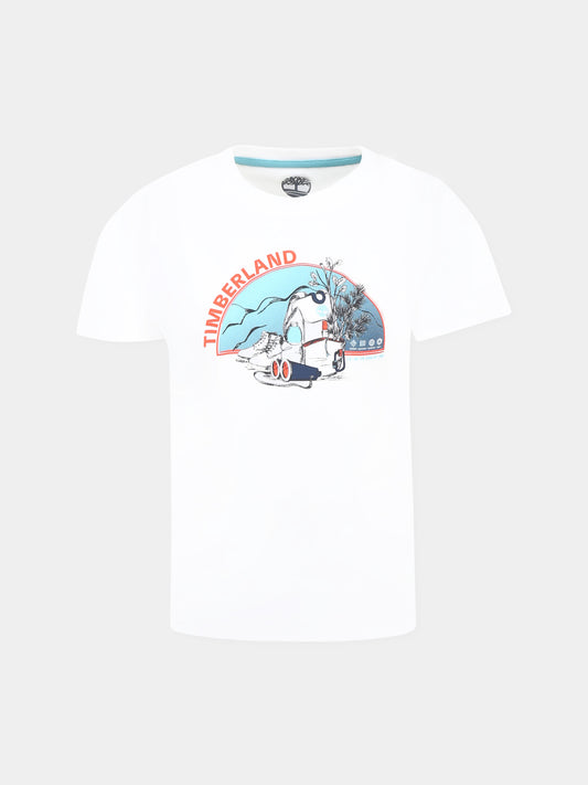 T-shirt bianca per bambino con logo e stampa,Timberland,T60142 10P