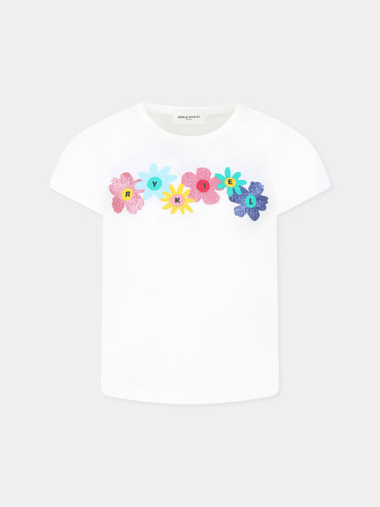 T-shirt bianca per bambina con logo e fiori,Sonia Rykiel Paris,A00180 10P