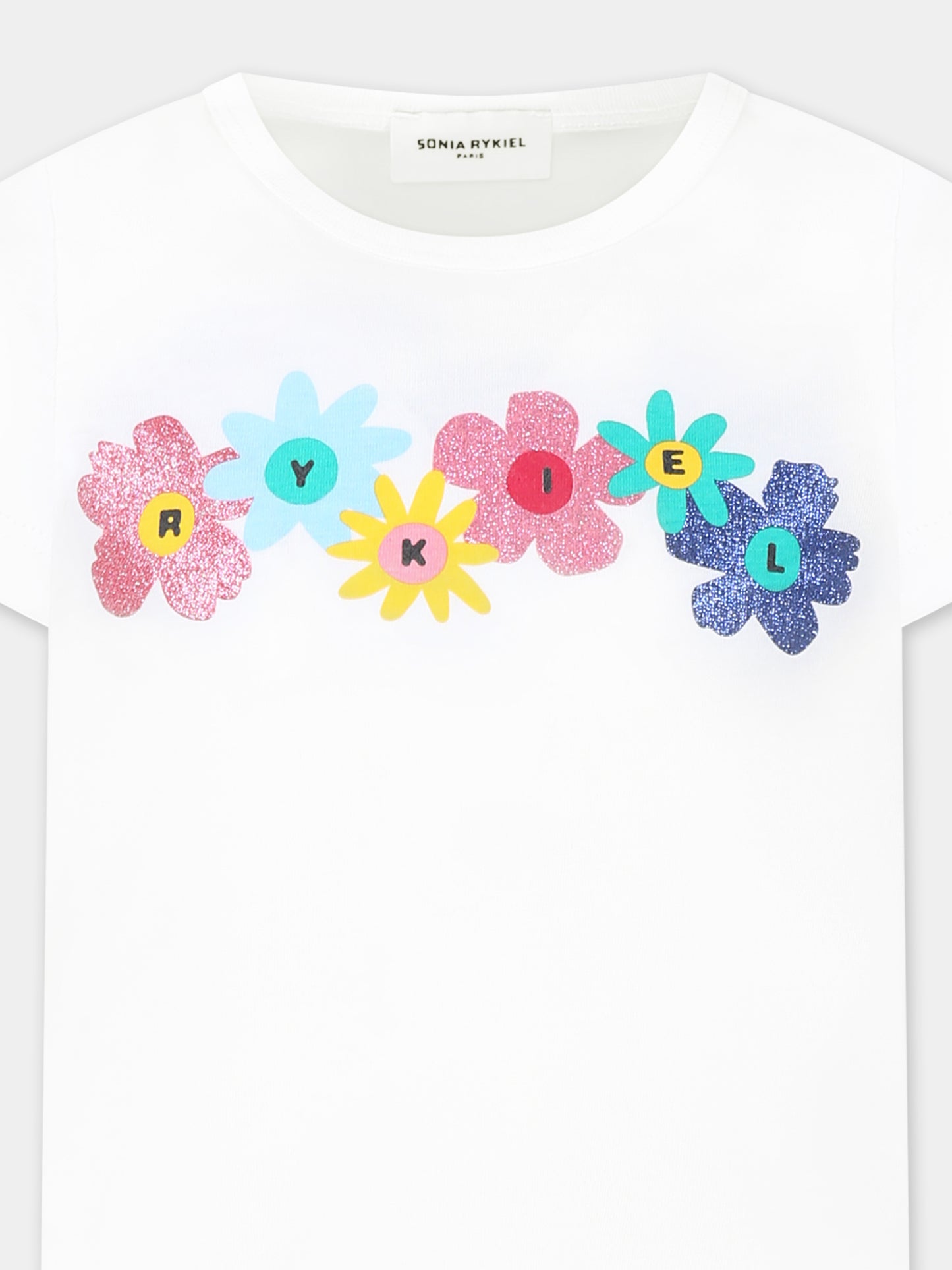 T-shirt bianca per bambina con logo e fiori,Sonia Rykiel Paris,A00180 10P