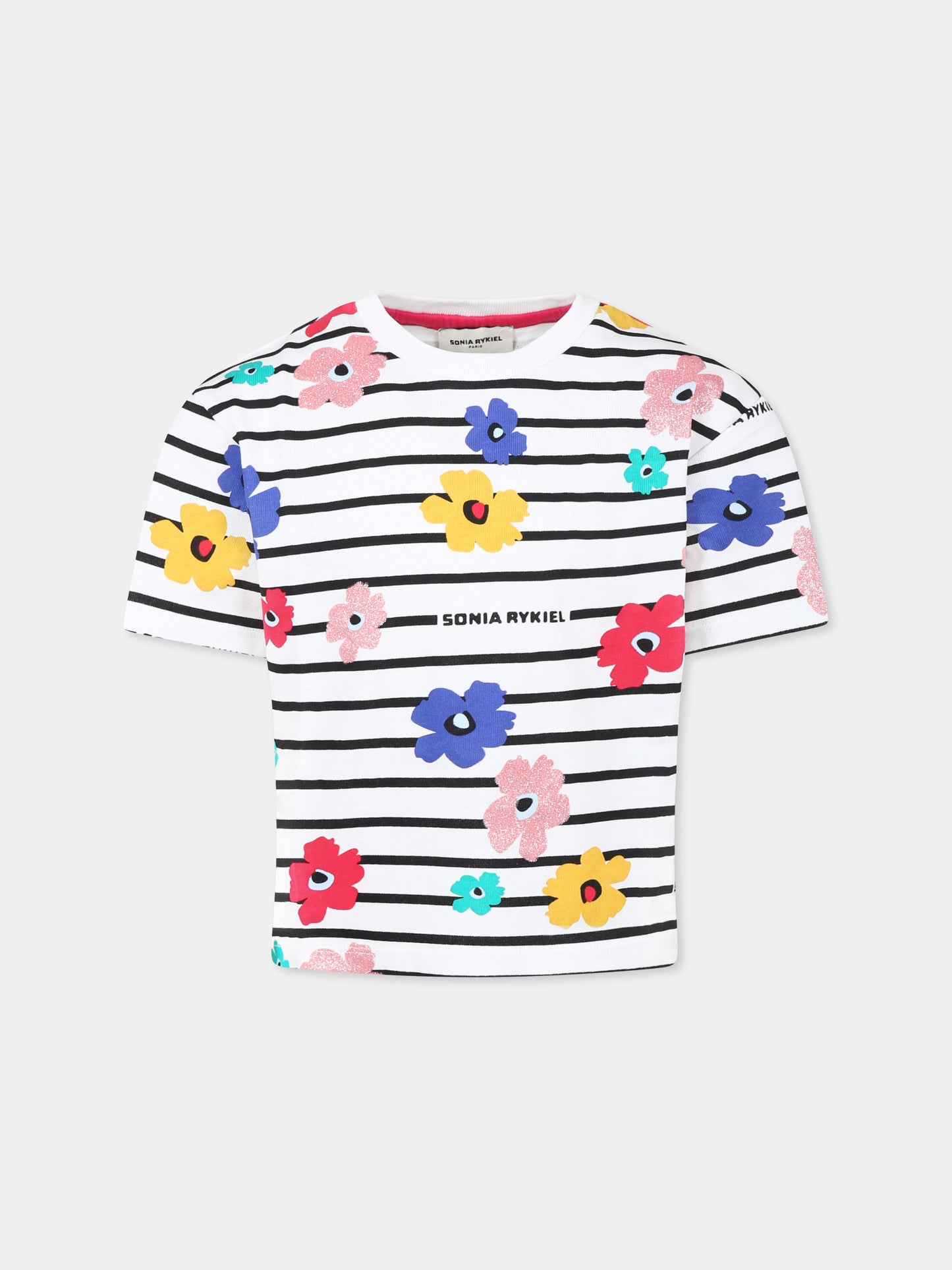 T-shirt bianca per bambina con fiori all over,Sonia Rykiel Paris,A00214 10P