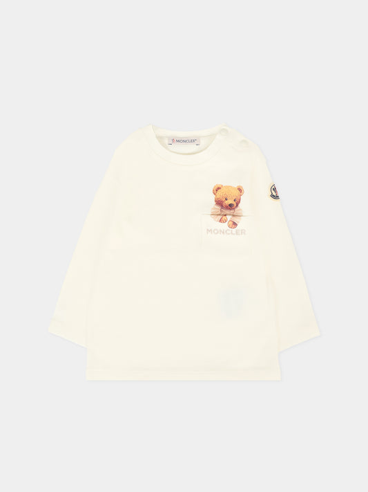 T-shirt avorio per neonato con orsetto,Moncler Kids,K2951 8D00005 89AUM 034