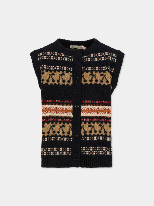 Maglia gilet blu per bambina con ciliegie,Bonpoint,W05GCAK00036 170